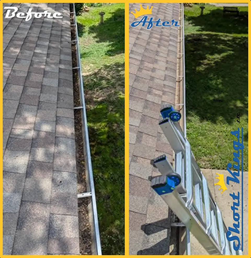 A long gutter run before and after debris removal