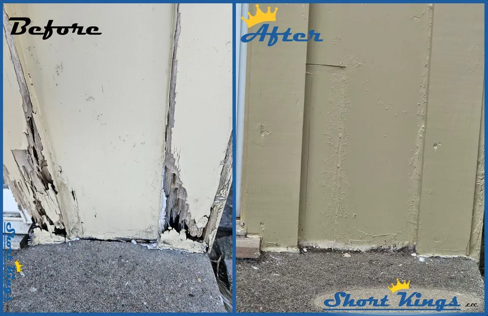 Split and rotted corner trim beside new painted exterior trim